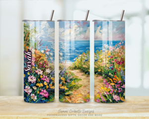 All sides of tumbler showing floral beach scene with vivid flowers and ocean waves
